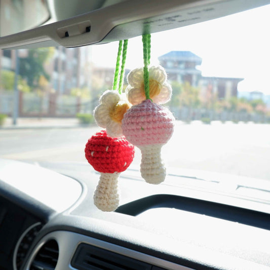 2Pcs Crochet Car Mirror Accessory- Mushroom & Daisy