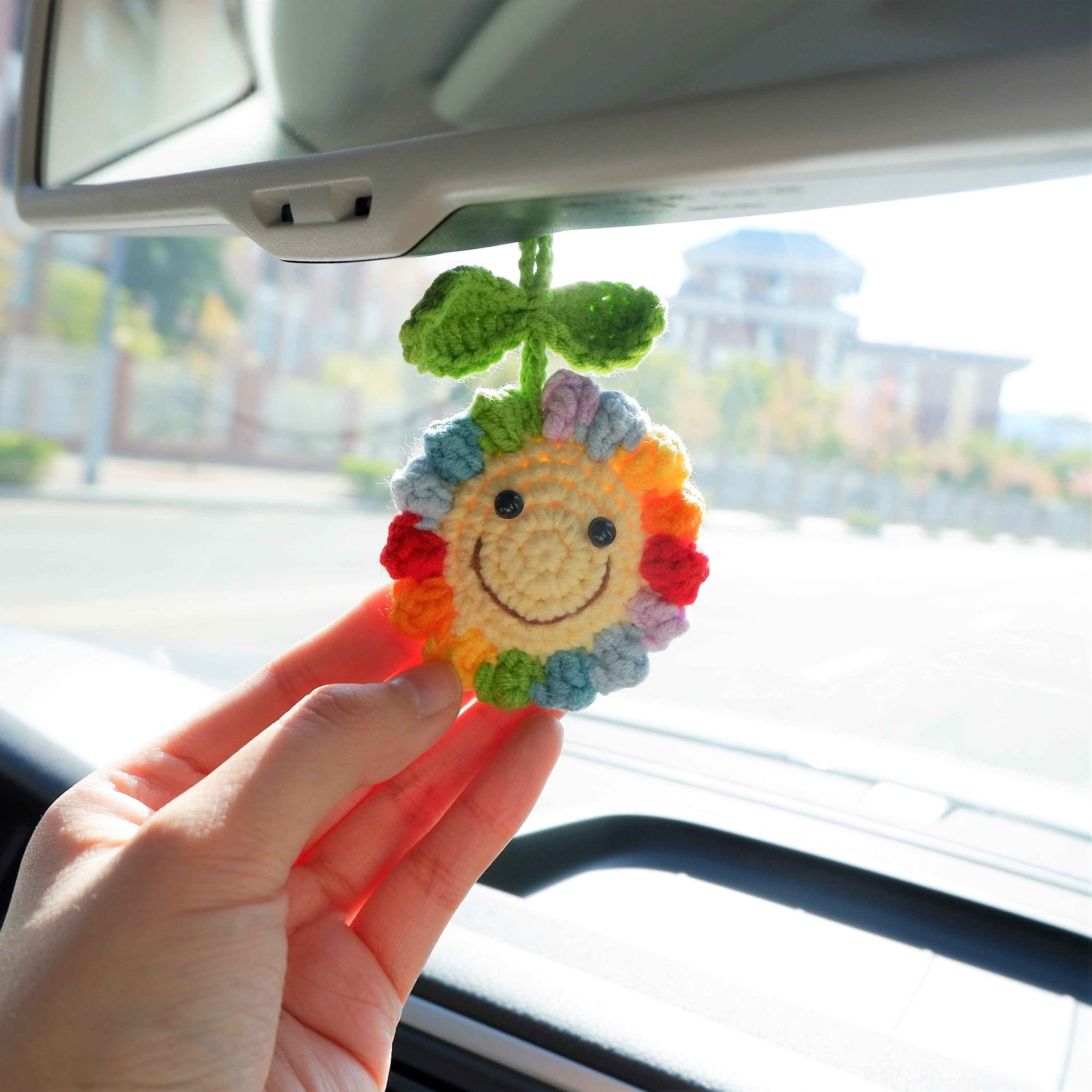 Crochet Car Mirror Accessory- Smiley Sunflower