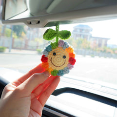 Crochet Car Mirror Accessory- Smiley Sunflower