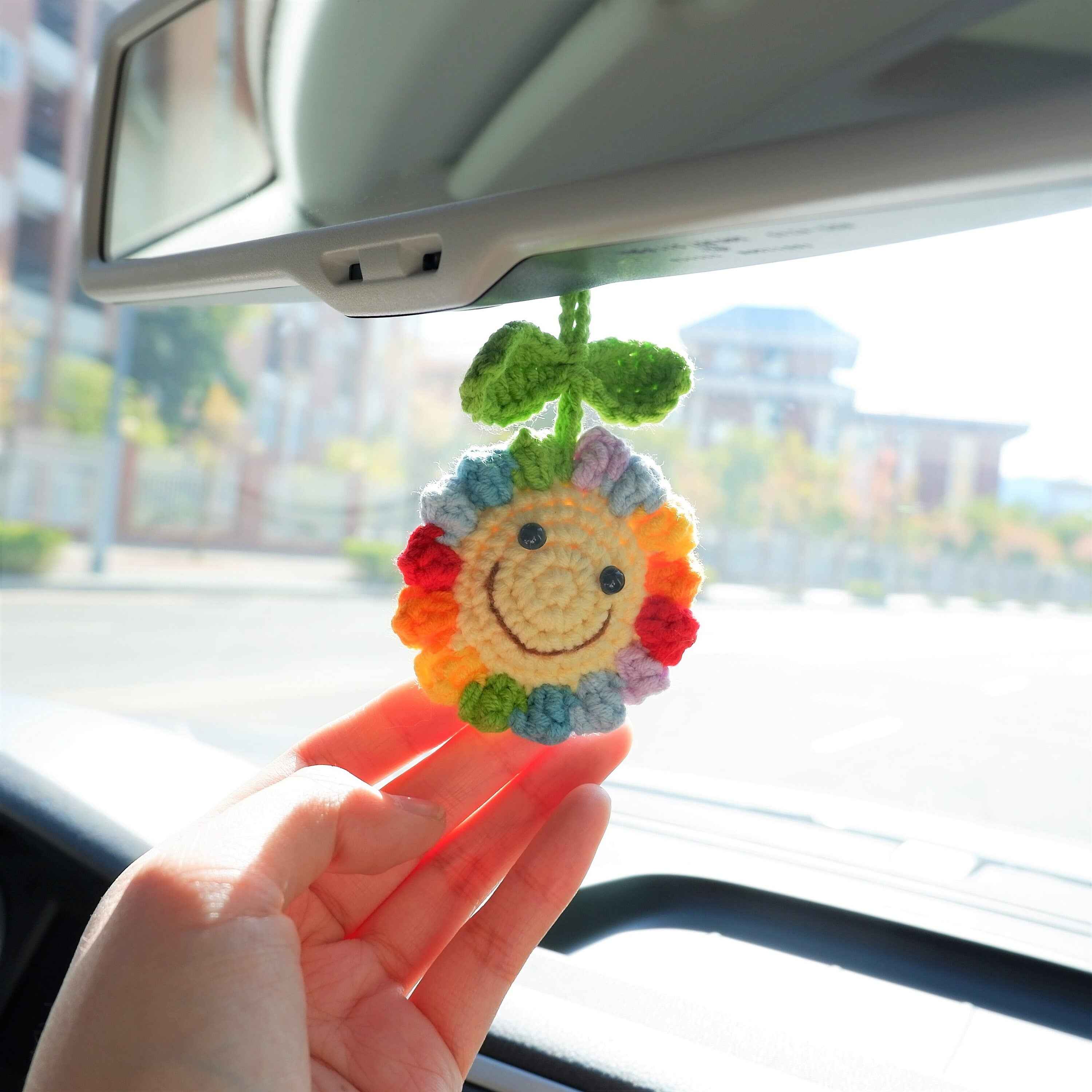 Crochet Car Mirror Accessory- Smiley Sunflower