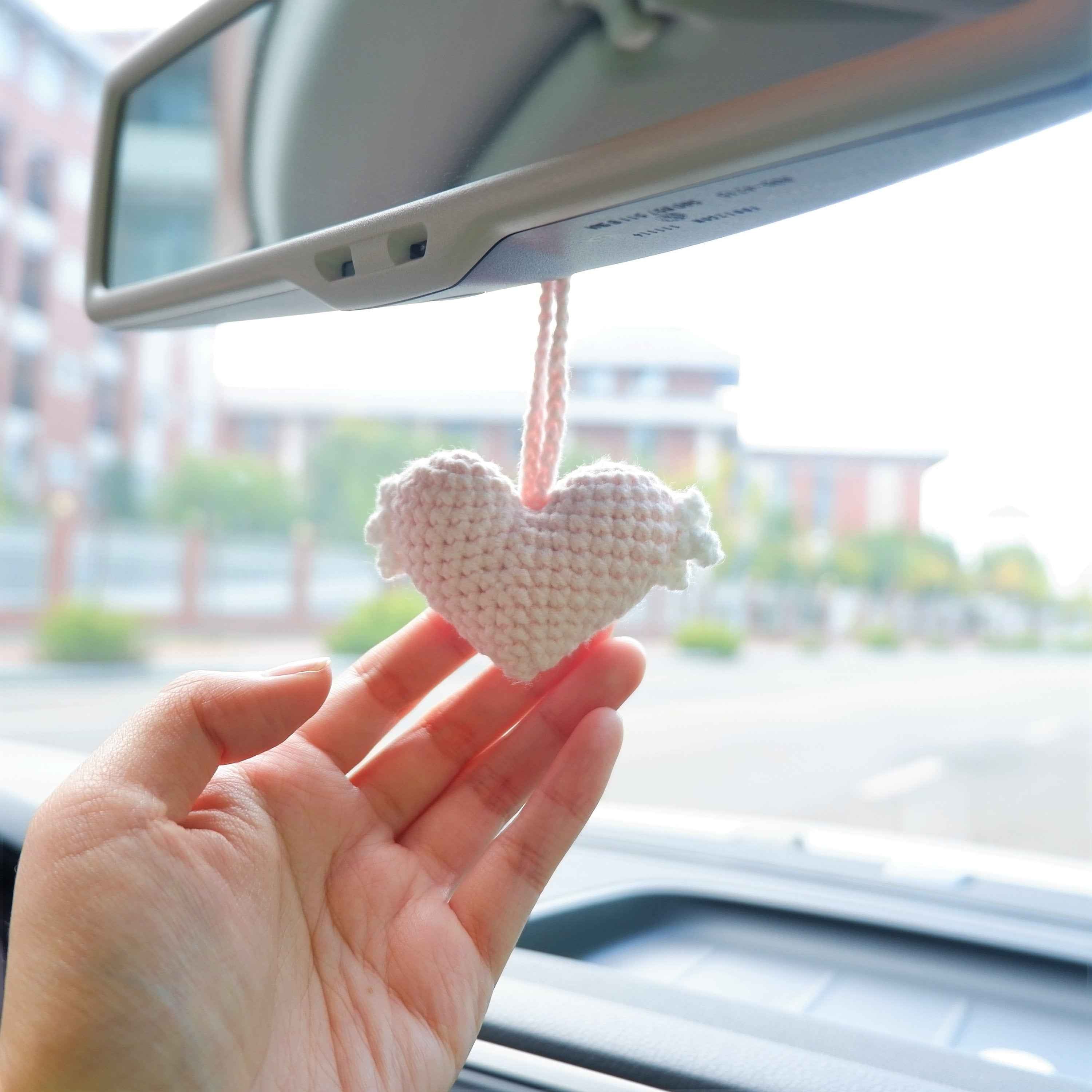 2Pcs Car Mirror Accessories- Crochet Hearts Wings