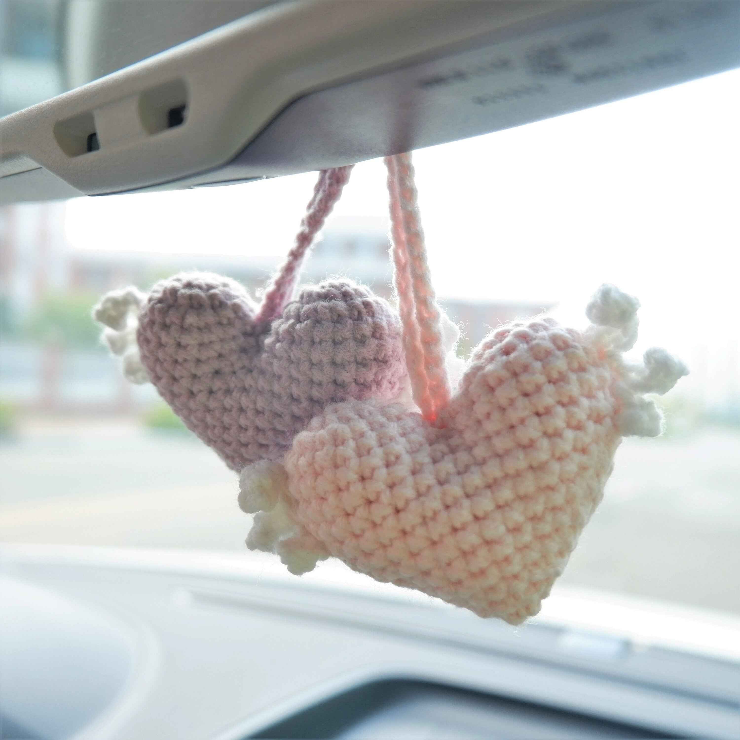 2Pcs Car Mirror Accessories- Crochet Hearts Wings