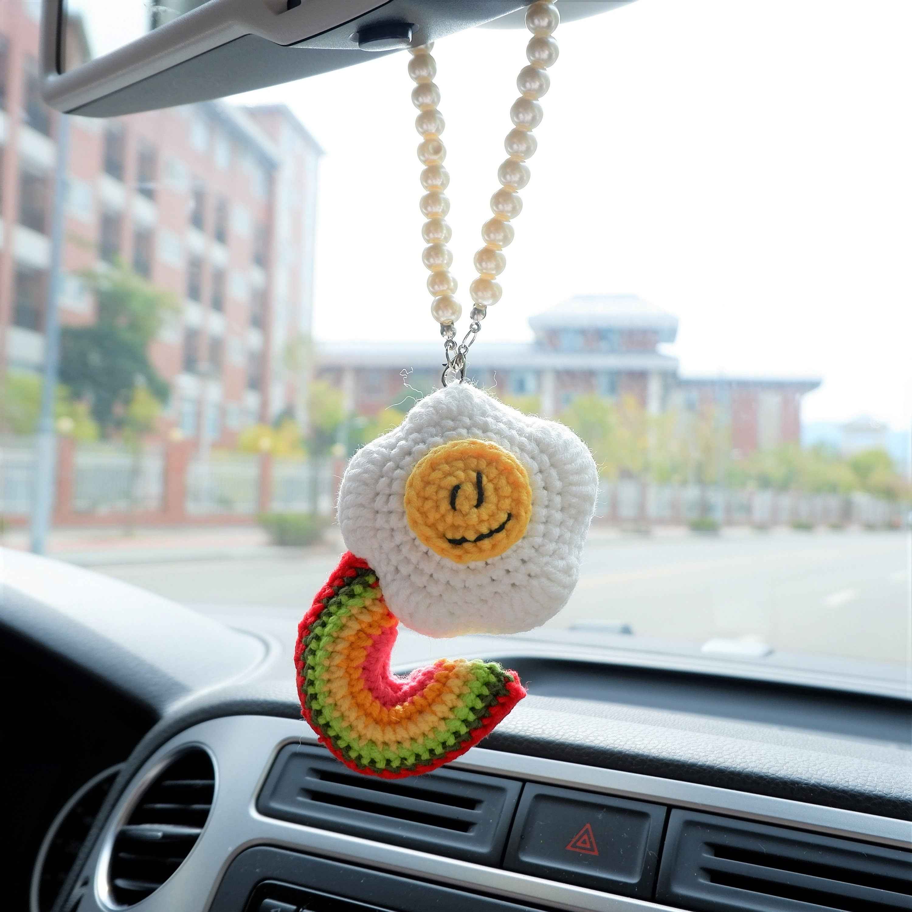Crochet Car Mirror Accessory- Smile Poached Egg & Rainbow