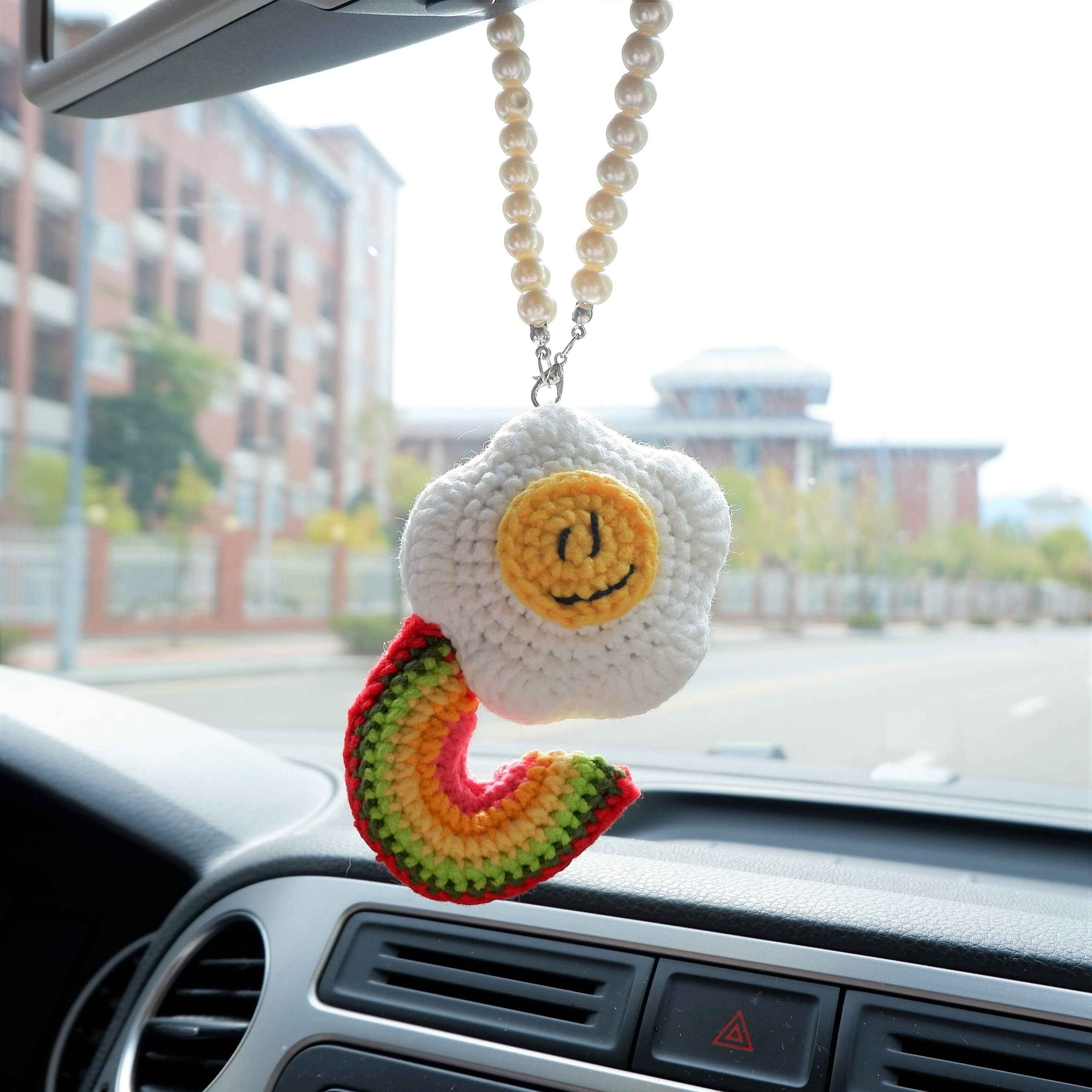 Crochet Car Mirror Accessory- Smile Poached Egg & Rainbow