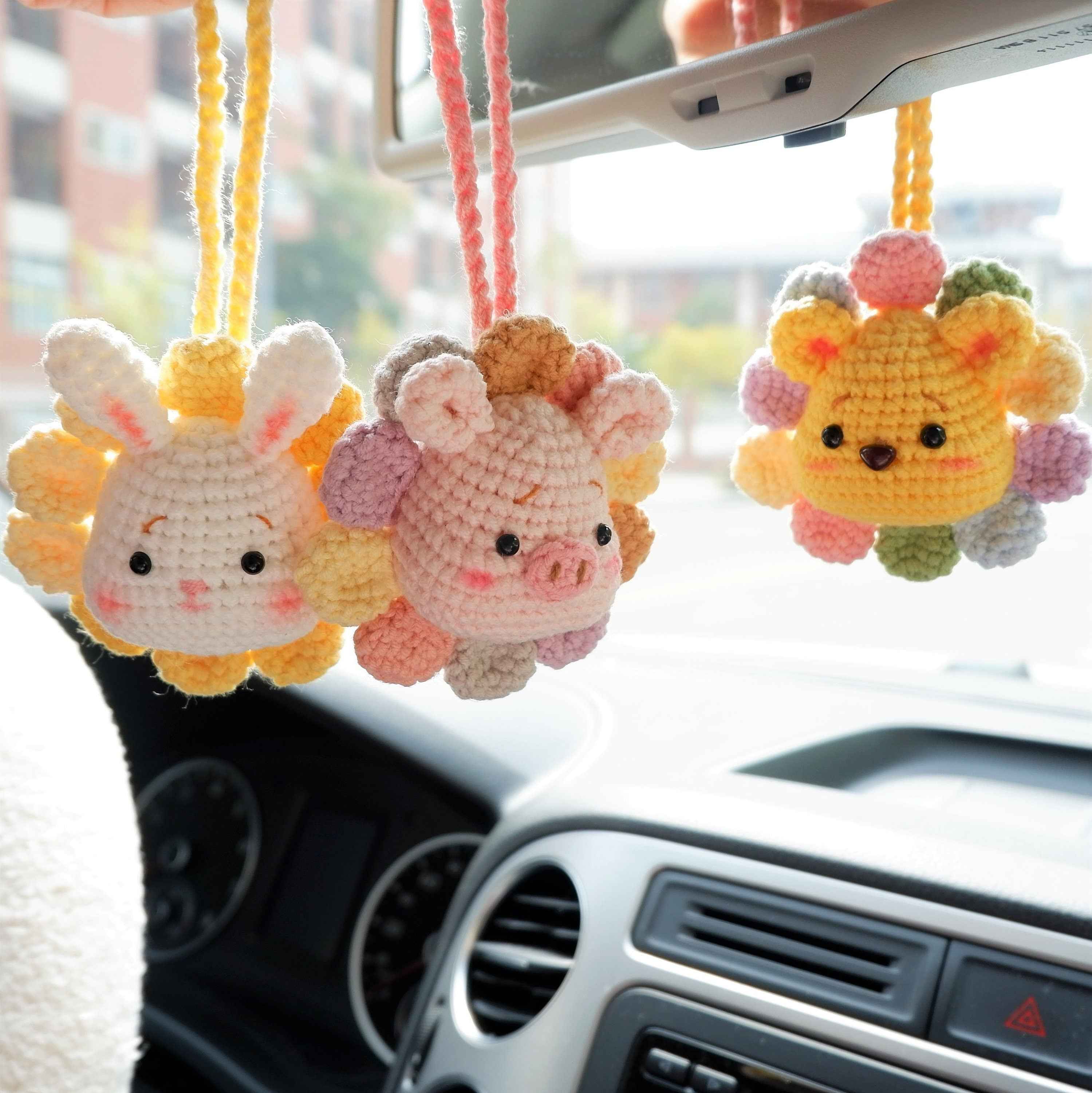 Car Mirror Hanging Charm- Crochet Rainbow Sunflower Bear/Piggy/Bunny