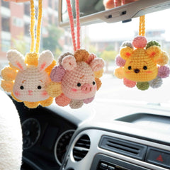 Car Mirror Hanging Charm- Crochet Rainbow Sunflower Bear/Piggy/Bunny