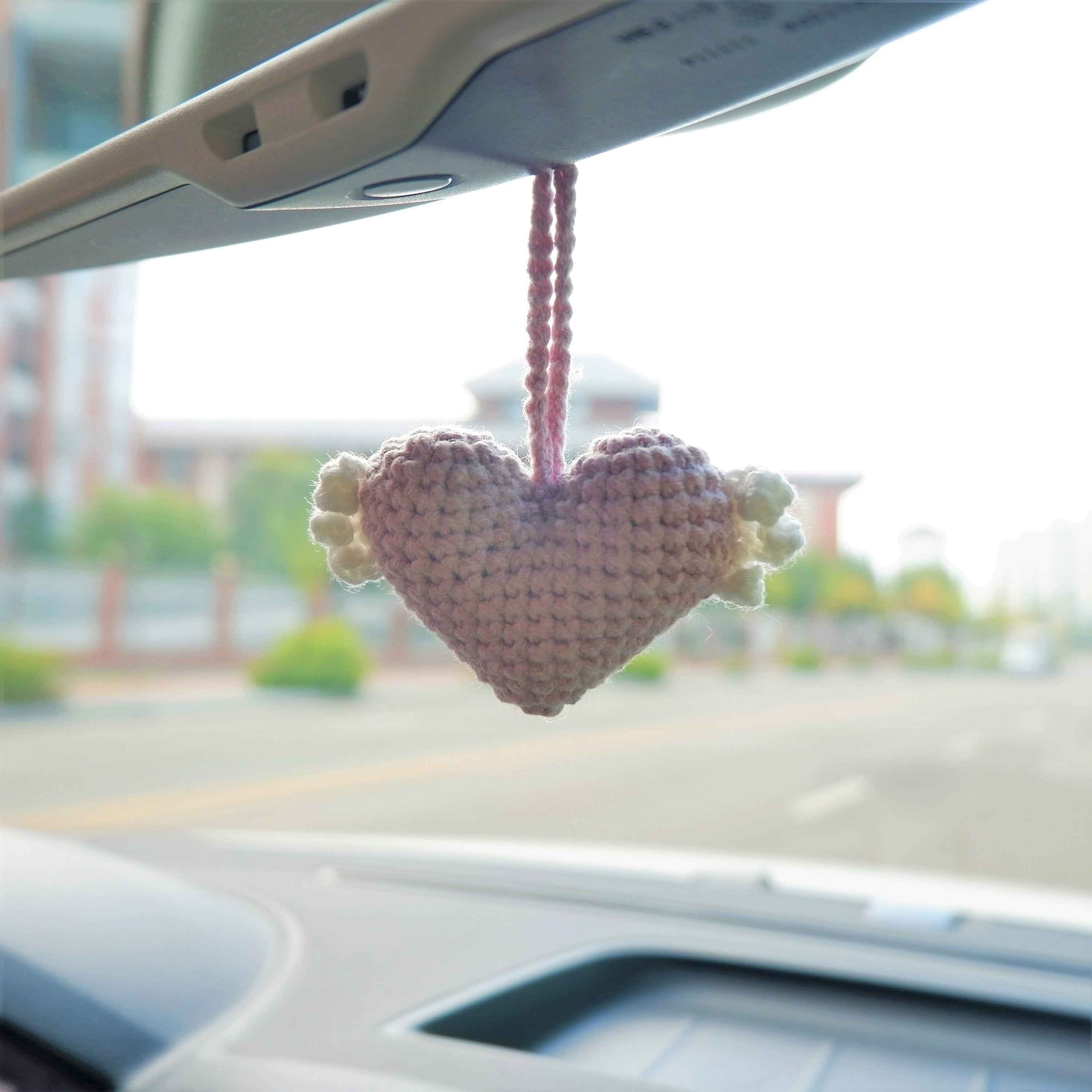 2Pcs Car Mirror Accessories- Crochet Hearts Wings
