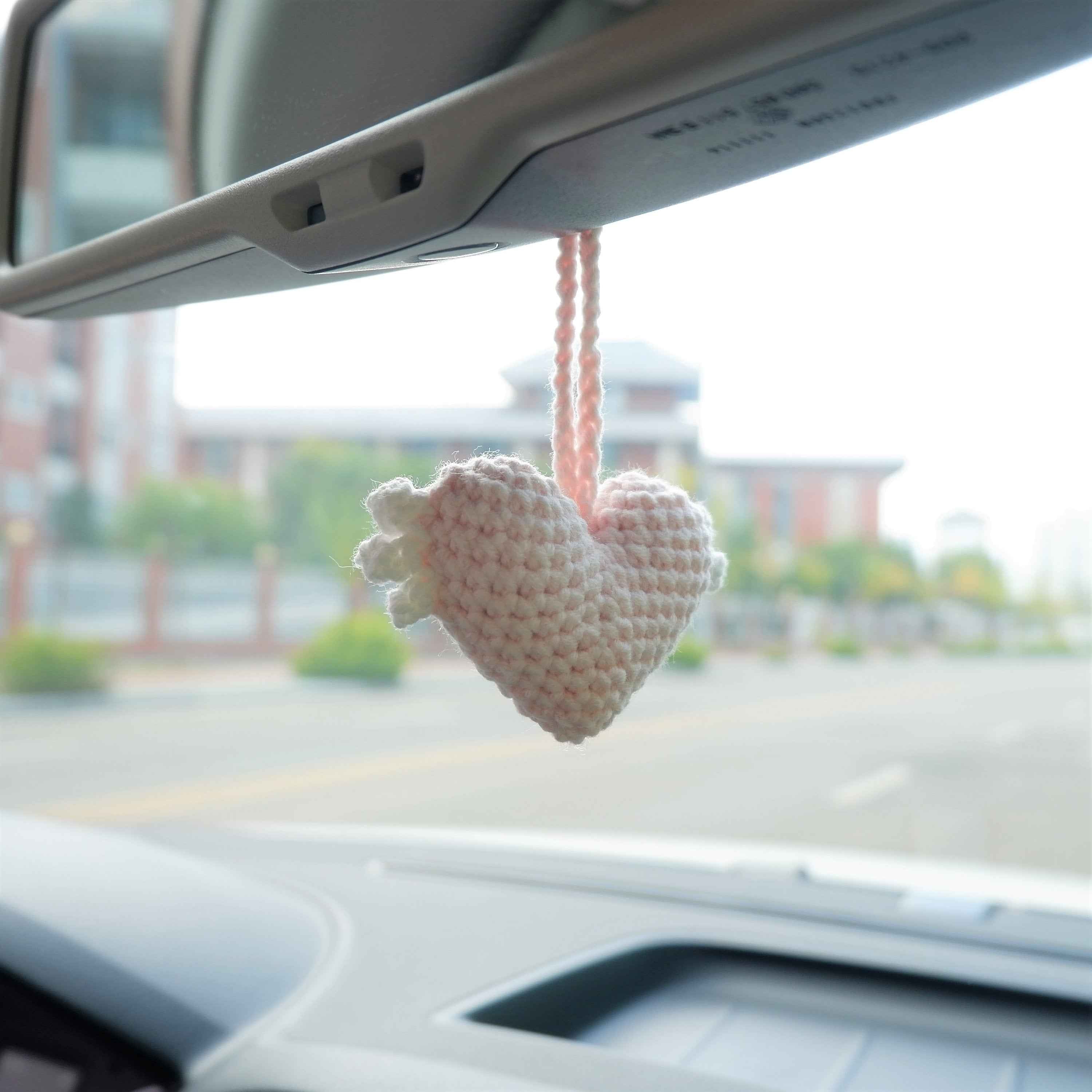2Pcs Car Mirror Accessories- Crochet Hearts Wings