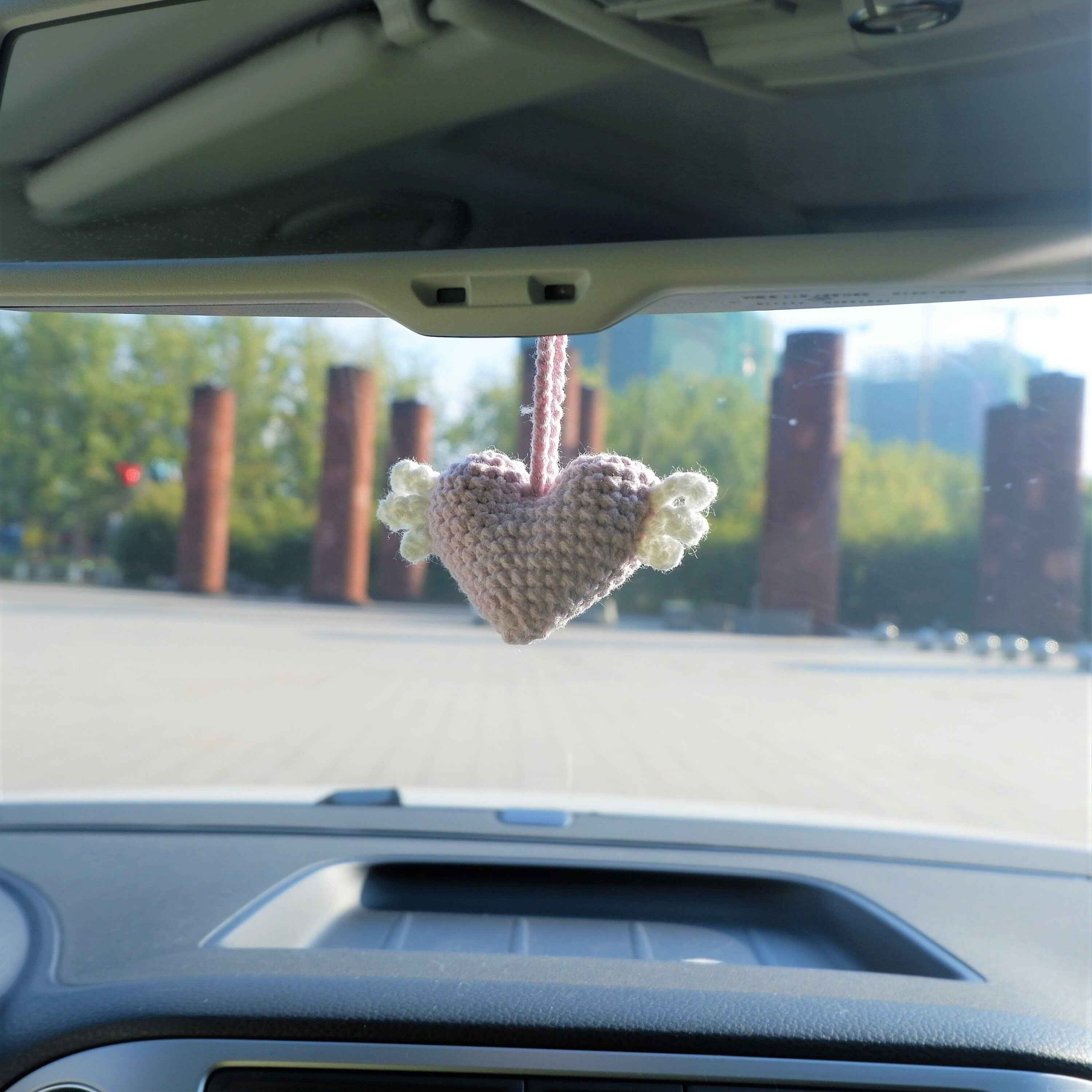 2Pcs Car Mirror Accessories- Crochet Hearts Wings