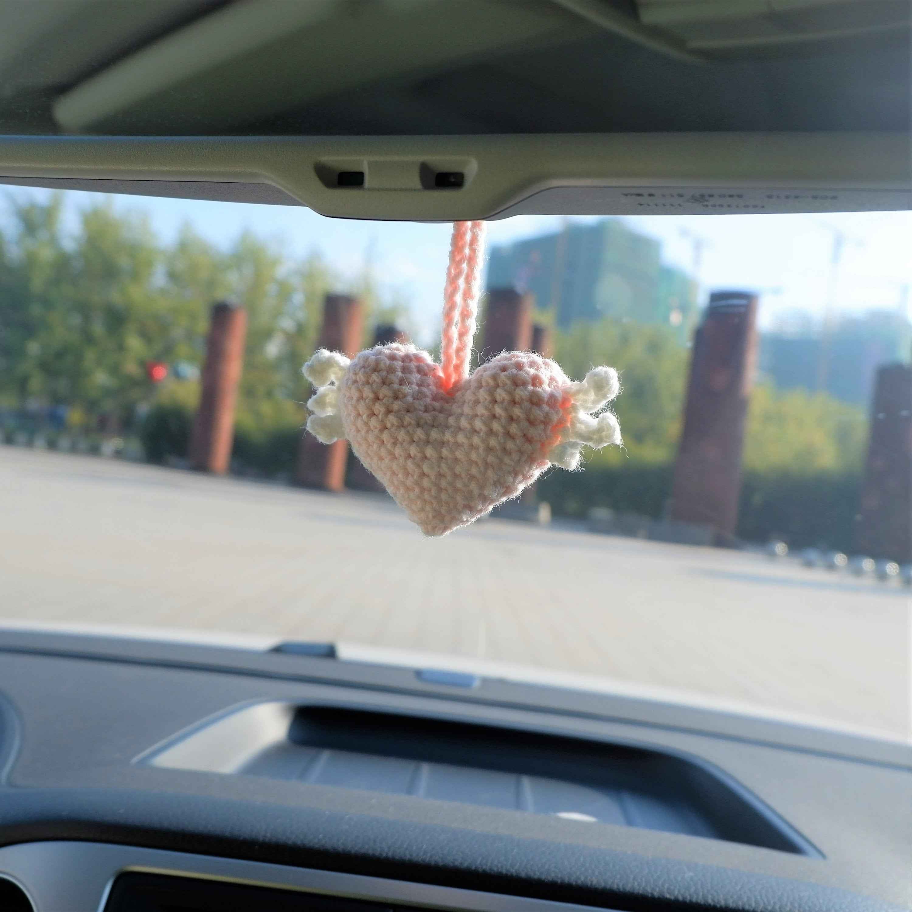 2Pcs Car Mirror Accessories- Crochet Hearts Wings
