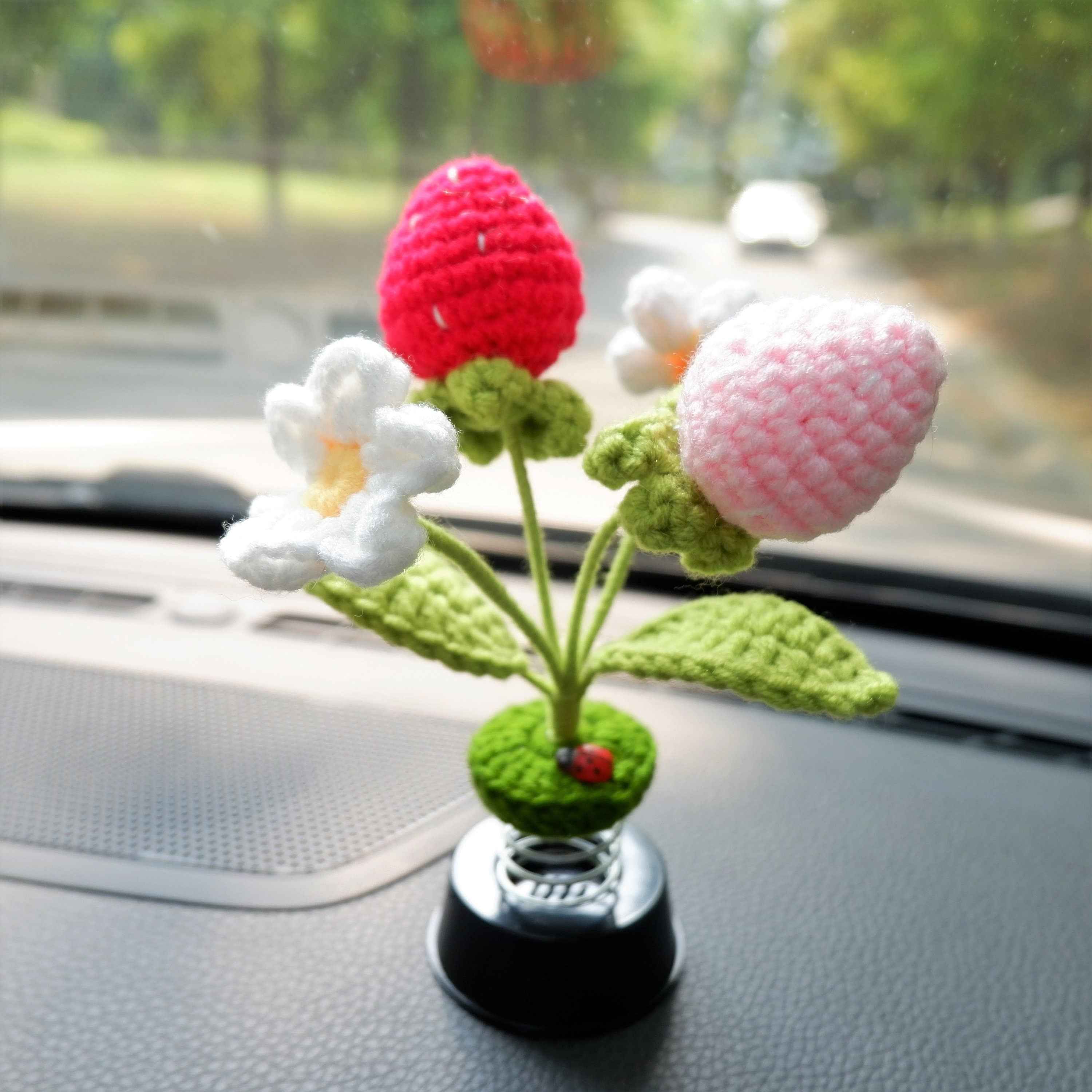 Crochet Car Bobblehead Dashboard Decor- Strawberry & Daisy