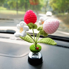 Crochet Car Bobblehead Dashboard Decor- Strawberry & Daisy