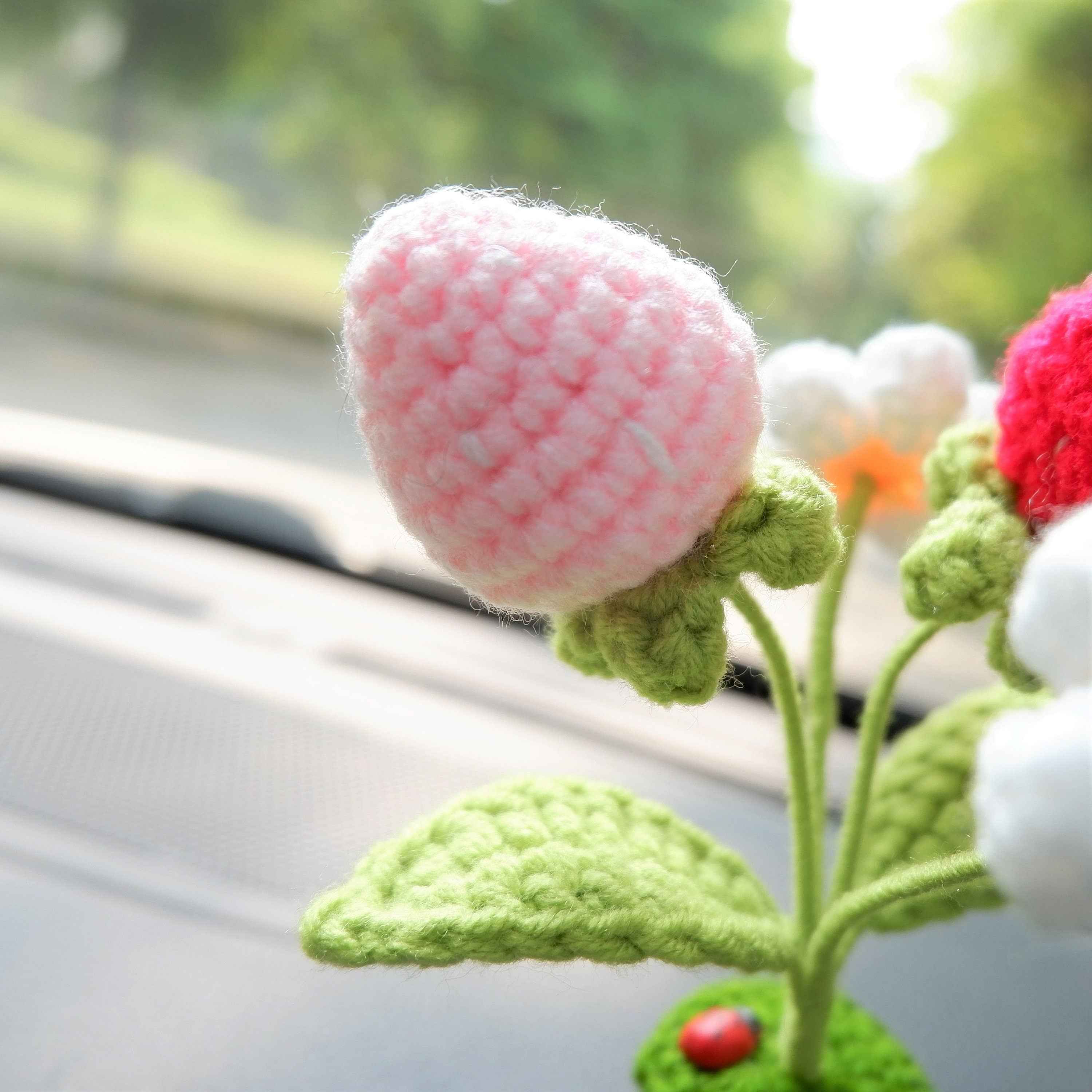 Crochet Car Bobblehead Dashboard Decor- Strawberry & Daisy