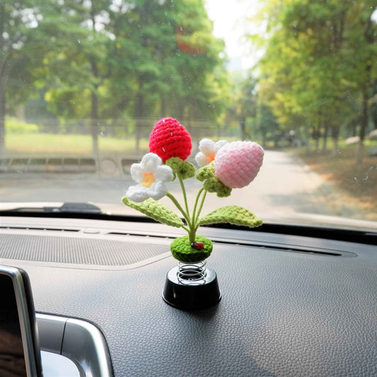 Crochet Car Bobblehead Dashboard Decor- Strawberry & Daisy