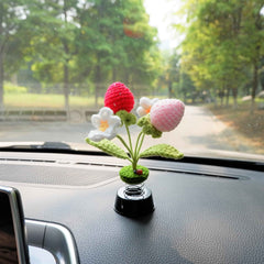 Crochet Car Bobblehead Dashboard Decor- Strawberry & Daisy
