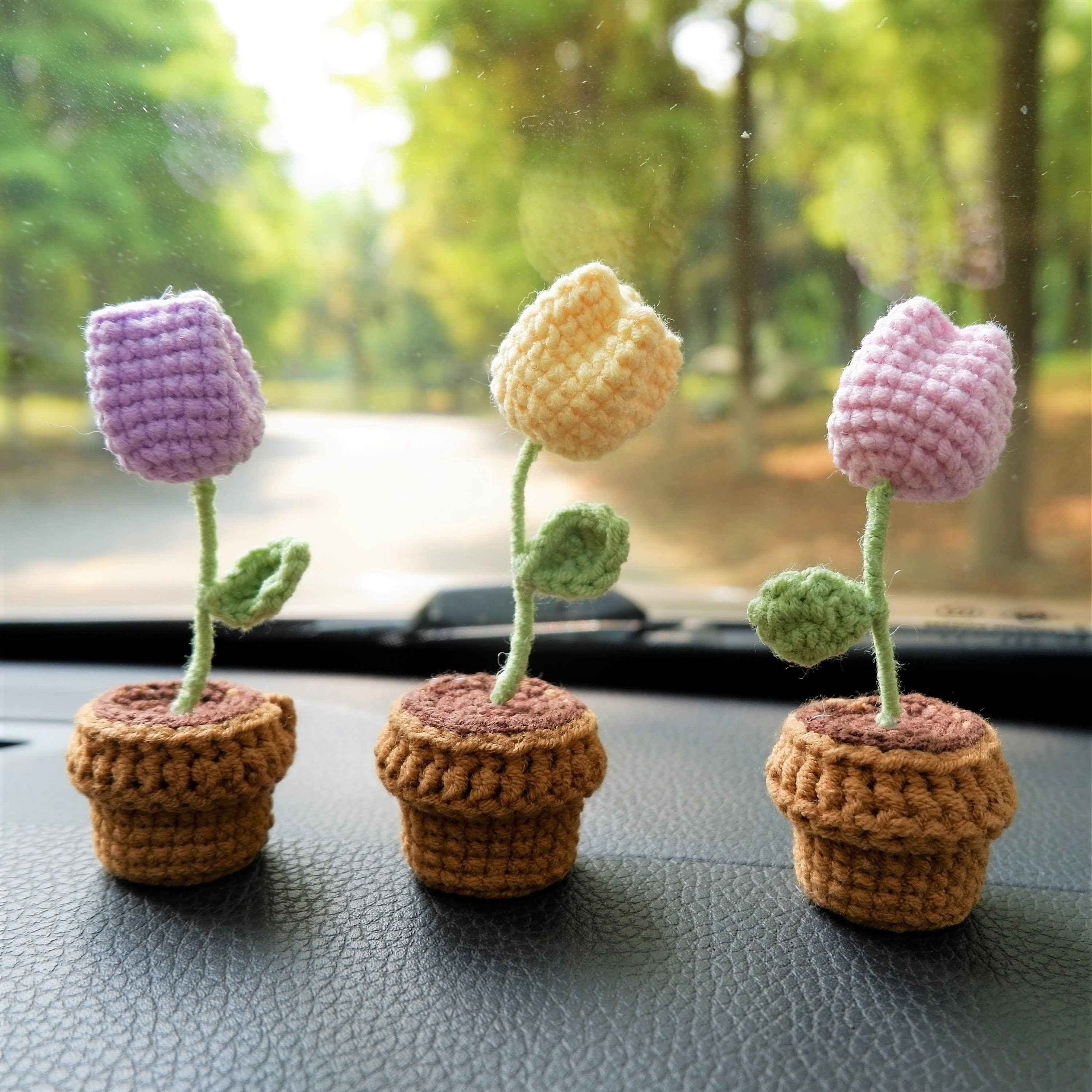 3pcs/2Pcs Croxhet Car Accessories- Mini Potted Tulip