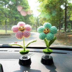 Crochet Car Dashboard Bobblehead Decor- Smiley Waffle Flower