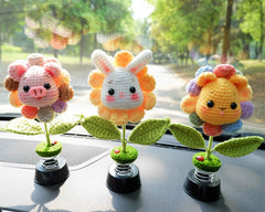 Crochet Bobblehead Car Dashboard Decor- Sunflower Pig/Bunny/Bear