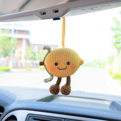 Crochet Lemon Doll Car Mirror Hanging Accessory, Smiley Lemon Car Rear View Mirror Accessory, Anime Car Interior Accessory  for Women/Teens