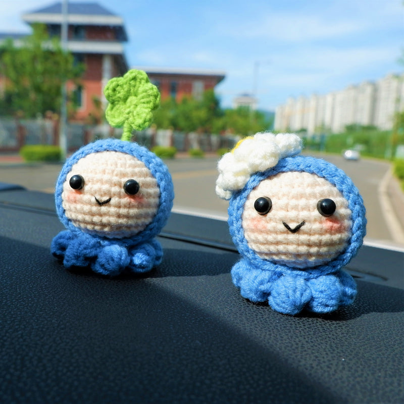 Crochet Smiley Jellyfish Car Dashboard Decor, Kawaii Clover/Daffodils Octopus Car Interior Accessories, Cute Car Accessory for Women/Teens