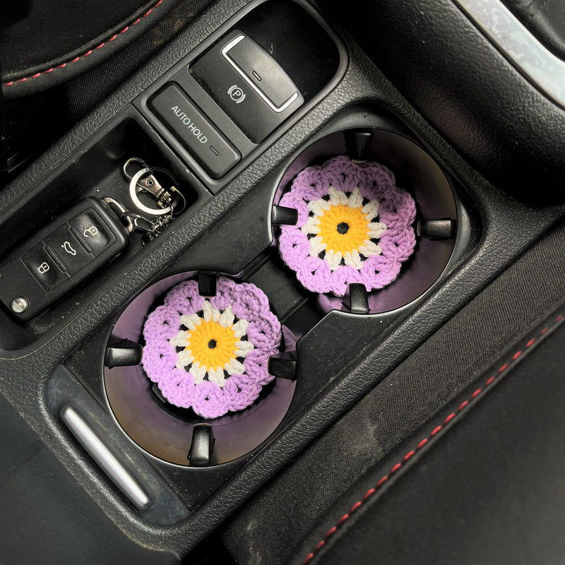 Crochet Car Coaster Set of 2, Granny Square Daisy Car Coasters, Boho Car Interior Accessory for Women, 2.75'' Car Cup Holder Coasters