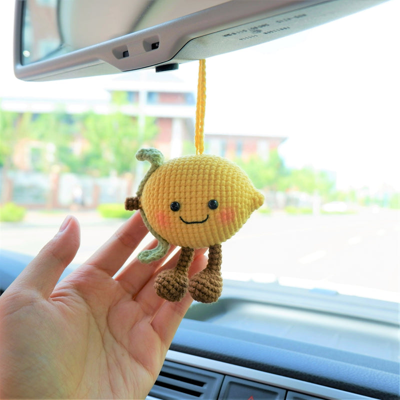 Crochet Lemon Doll Car Mirror Hanging Accessory, Smiley Lemon Car Rear View Mirror Accessory, Anime Car Interior Accessory for Women/Teens