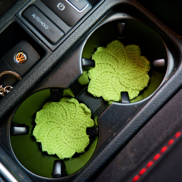 Crochet Car Coaster Set of 2, Maple Leaf Car Coasters, Boho Car Interior Accessory, 2.75'' Car Cup Holder Coasters, Cute Car Decor for Women