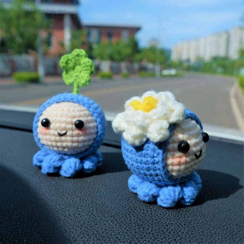 Crochet Smiley Jellyfish Car Dashboard Decor, Kawaii Clover/Daffodils Octopus Car Interior Accessories, Cute Car Accessory for Women/Teens