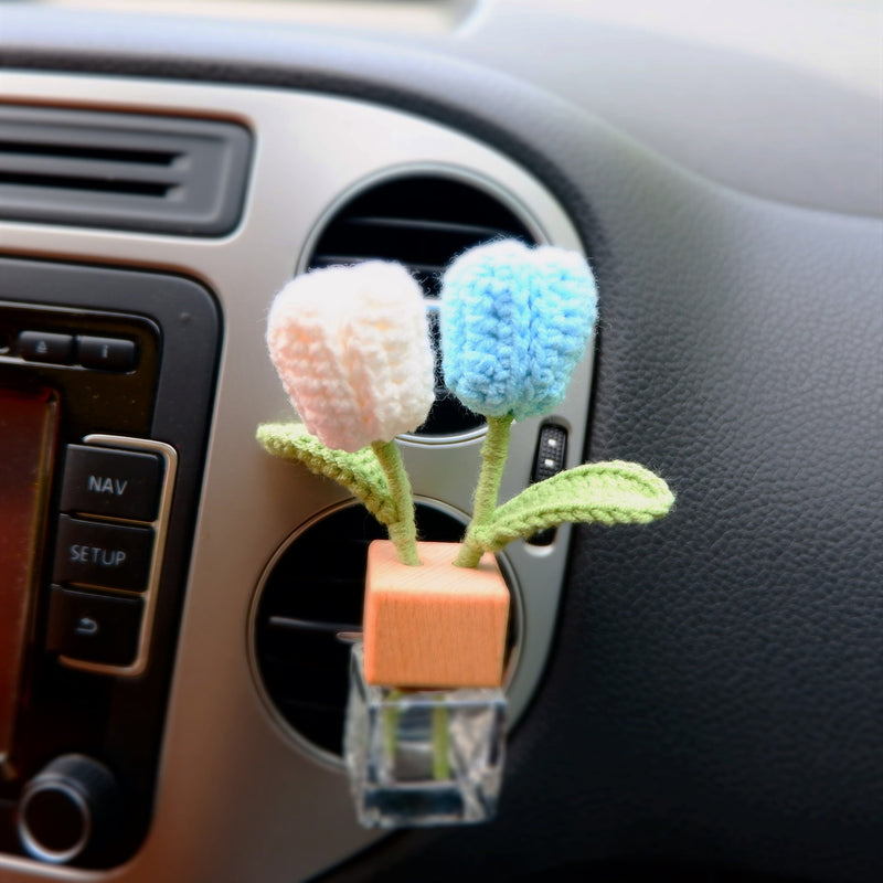 Crochet Tulips Car Diffuser, Car Plant Vent Clip, Car Air Freshener, Flower Car Diffuser Bottle, Boho Car Interior Accessory for Women