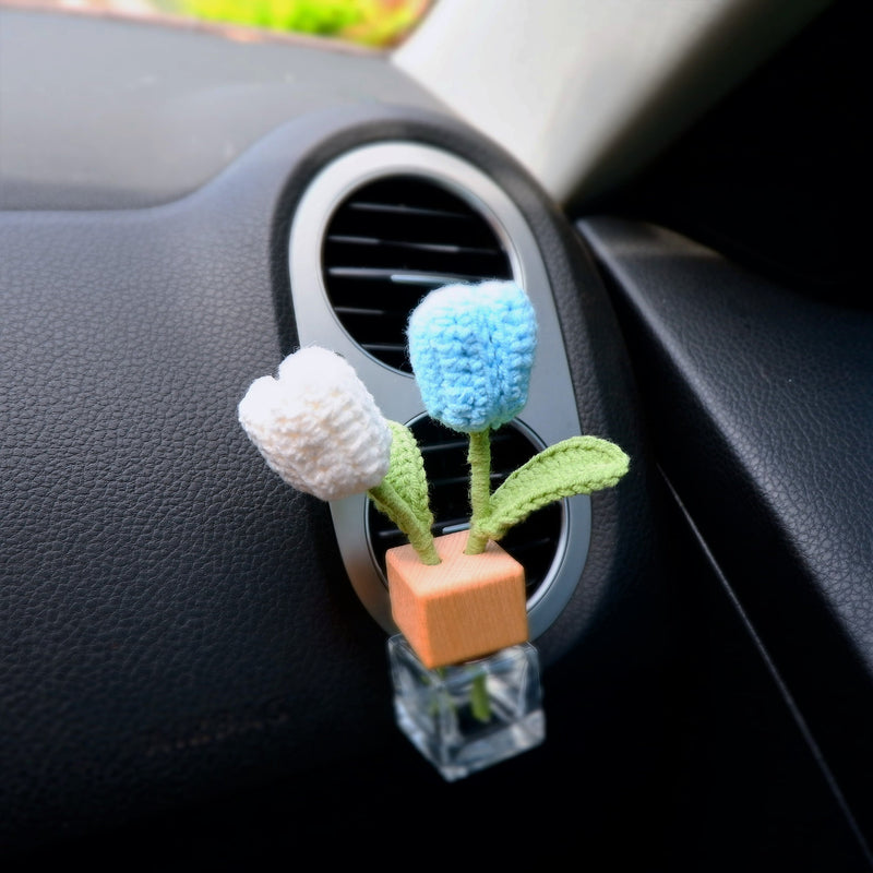 Crochet Tulips Car Diffuser, Car Plant Vent Clip, Car Air Freshener, Flower Car Diffuser Bottle, Boho Car Interior Accessory for Women