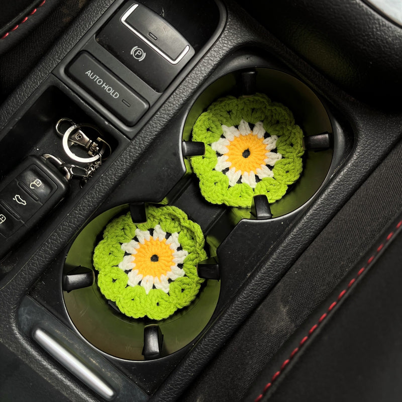 Crochet Car Coaster Set of 2, Granny Square Daisy Car Coasters, Boho Car Interior Accessory for Women, 2.75'' Car Cup Holder Coasters