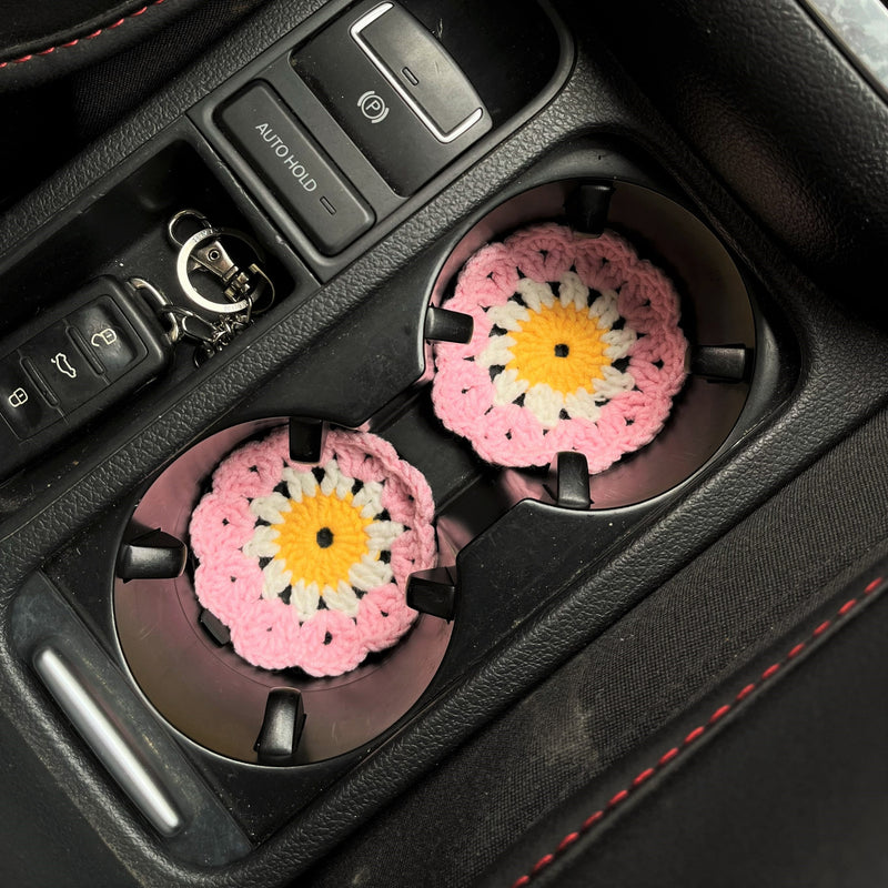 Crochet Car Coaster Set of 2, Granny Square Daisy Car Coasters, Boho Car Interior Accessory for Women, 2.75'' Car Cup Holder Coasters