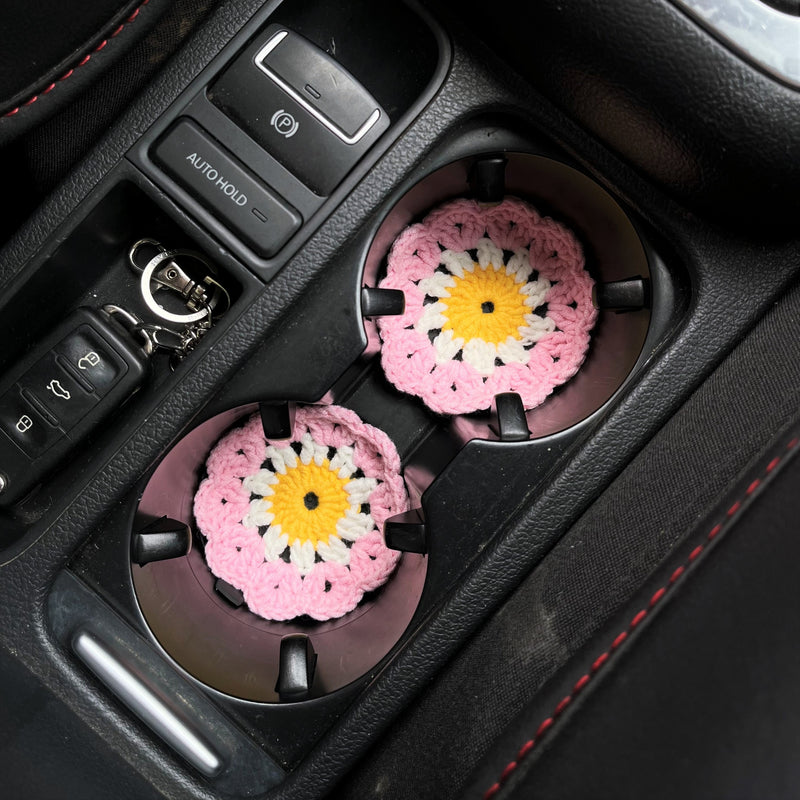 Crochet Car Coaster Set of 2, Granny Square Daisy Car Coasters, Boho Car Interior Accessory for Women, 2.75'' Car Cup Holder Coasters