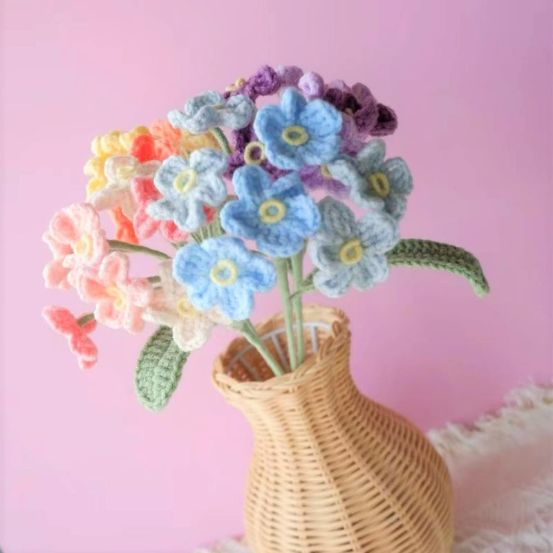 Crochet Rainbow Flower Bouquet, Forget-Me-Not Flower Bunch, Crochet Floral Arrangements, Knitted Everlasting Flower, Office Desk Decor