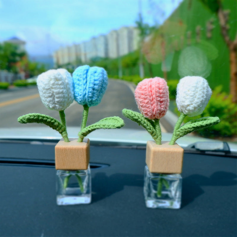 Crochet Tulips Car Diffuser, Car Plant Vent Clip, Car Air Freshener, Flower Car Diffuser Bottle, Boho Car Interior Accessory for Women