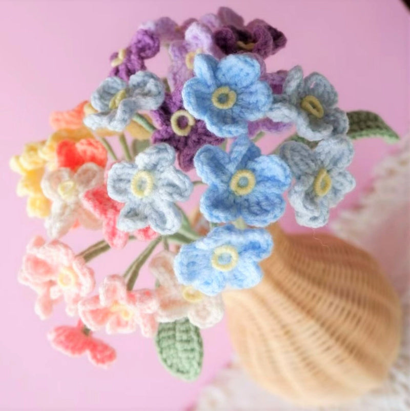 Crochet Rainbow Flower Bouquet, Forget-Me-Not Flower Bunch, Crochet Floral Arrangements, Knitted Everlasting Flower, Office Desk Decor