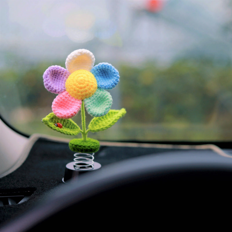 Crochet Rainbow Flower Car Dashboard Decor, Bobblehead Car Plant Dashboard Decor, Cute Car Accessories Interior, Car Air Freshener