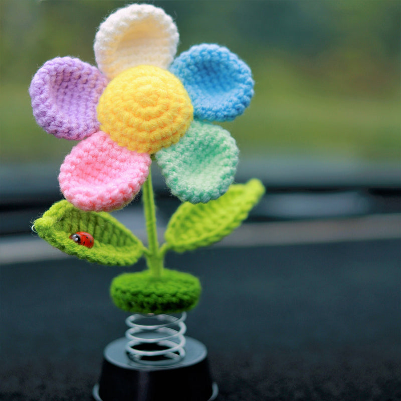 Crochet Rainbow Flower Car Dashboard Decor, Bobblehead Car Plant Dashboard Decor, Cute Car Accessories Interior, Car Air Freshener