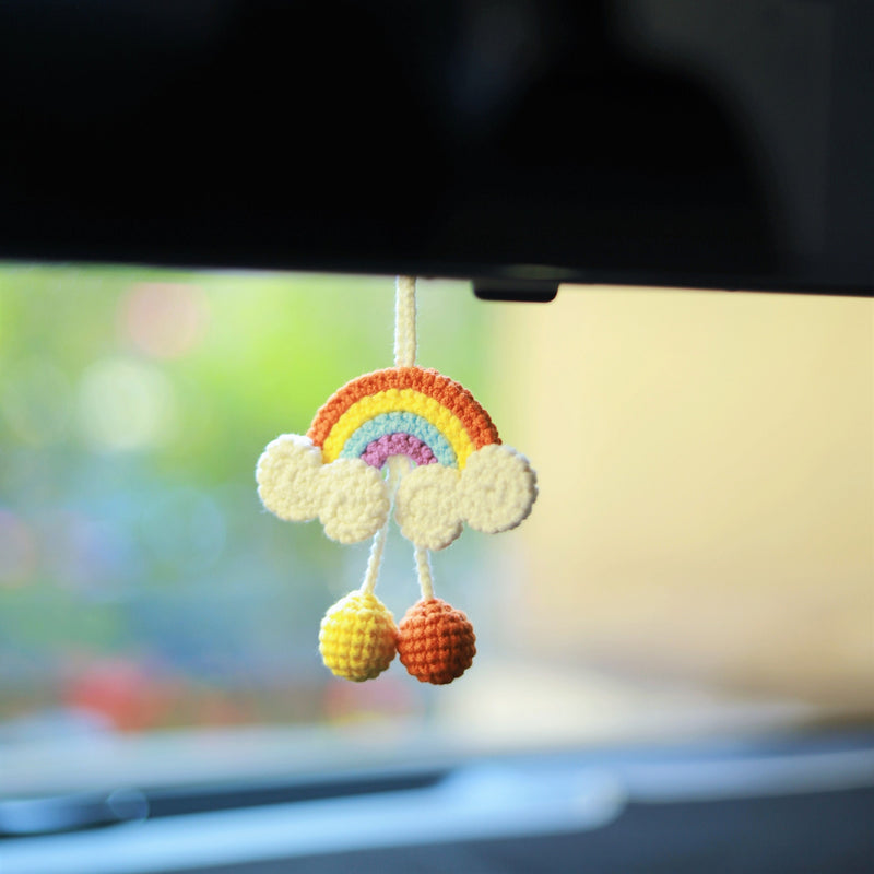 Crochet Rainbow Car Hanging Accessories, Cute Car Rear View Mirror Accessory, Boho Car Accessories Interior for Women, Graduation Gift