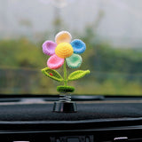 Crochet Rainbow Flower Car Dashboard Decor, Bobblehead Car Plant Dashboard Decor, Cute Car Accessories Interior, Car Air Freshener