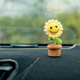 Crochet Smiley Sunflower Car Dashboard Decor, Cute Mini Potted Plant Car Dashboard Accessory, Boho Car Interior Accessory for Women