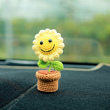 Crochet Smiley Sunflower Car Dashboard Decor, Cute Mini Potted Plant Car Dashboard Accessory, Boho Car Interior Accessory for Women