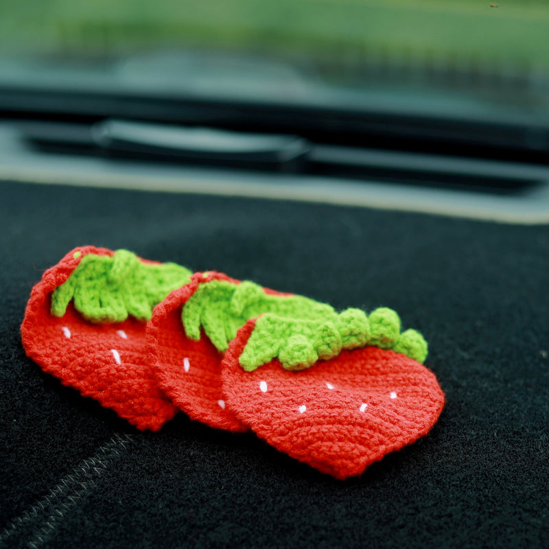 Crochet Car Coaster Set of 2, Strawberry Car Coasters, Kawaii Car Accessory for Women, 2.75'' Car Coasters, Boho Car Interior Accessory