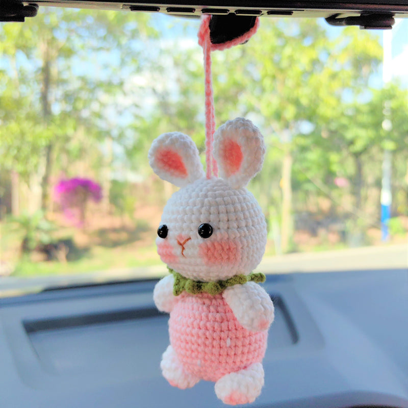 Strawberry Bunny Car Mirror Hanging Accessories, Crochet Bunny Car Rear Mirror Accessory, Anime Car Interior Accessories, Kawaii Car Decor