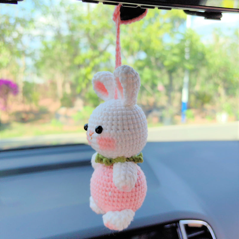 Strawberry Bunny Car Mirror Hanging Accessories, Crochet Bunny Car Rear Mirror Accessory, Anime Car Interior Accessories, Kawaii Car Decor