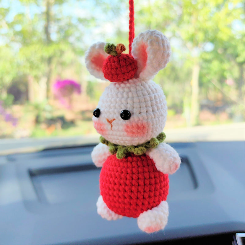 Strawberry Bunny Car Mirror Hanging Accessories, Crochet Bunny Car Rear Mirror Accessory, Anime Car Interior Accessories, Kawaii Car Decor