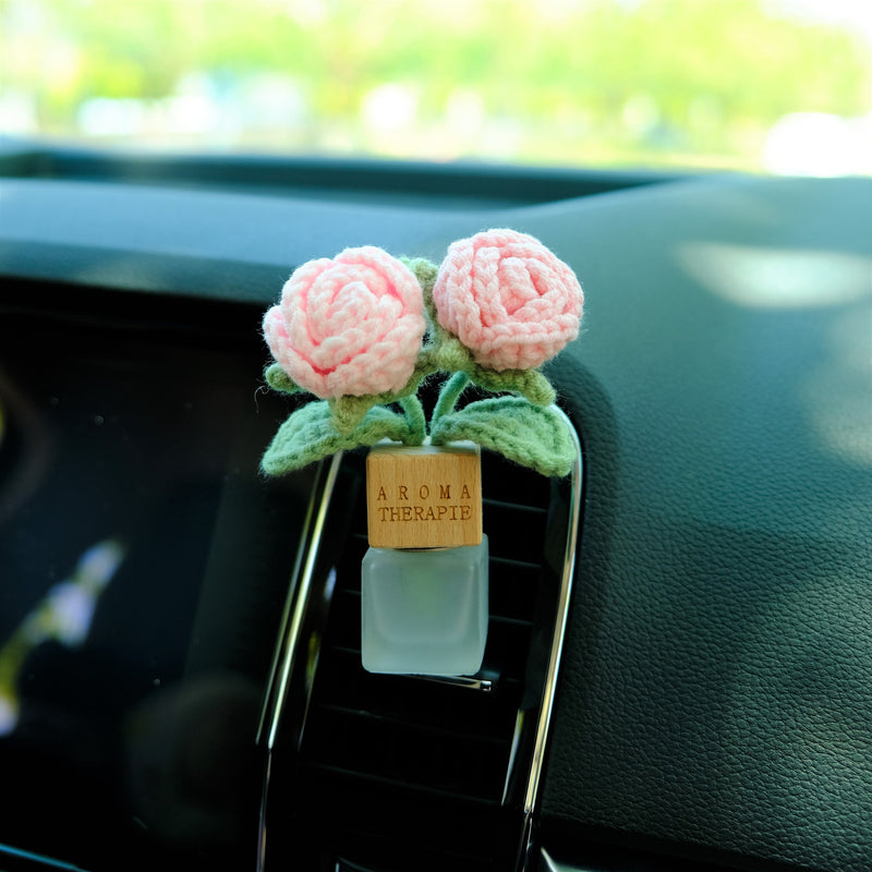 Crochet Roses Car Diffuser, Car Plant Vent Clip, Car Air Freshener, Flower Car Diffuser Bottle, Cute Car Accessories, Pink Car Accessories