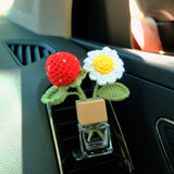 Crochet Strawberry & Daisy Car Air Freshener, Car Plant Vent Clip, Flower Car Diffuser Bottle, Cute Car Accessory for Women, Gift for Her