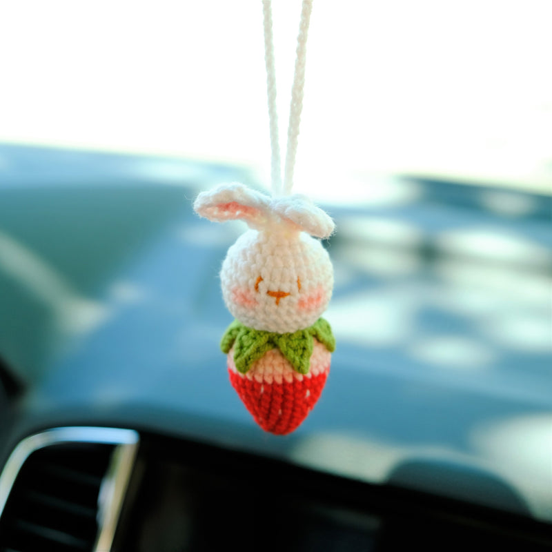 Crochet Strawberry Bunny Car Mirror Hanging Accessories, Car Rear View Mirror Accessory, Anime Car Interior Decor, Strawberry Car Accessory