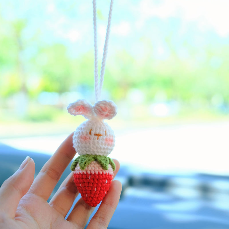 Crochet Strawberry Bunny Car Mirror Hanging Accessories, Car Rear View Mirror Accessory, Anime Car Interior Decor, Strawberry Car Accessory